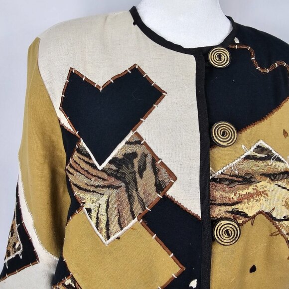 VTG Grandmacore Patchwork Retro Bold Abstract Cheetah Gold Black Cardigan S - Picture 6 of 15